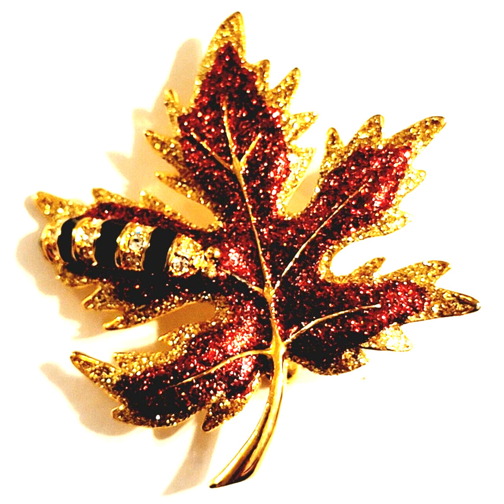 Caterpillar Leaf Enamel Brooch Pin Rhinestones ,Red Gold,Floral 2.25" fb1-72